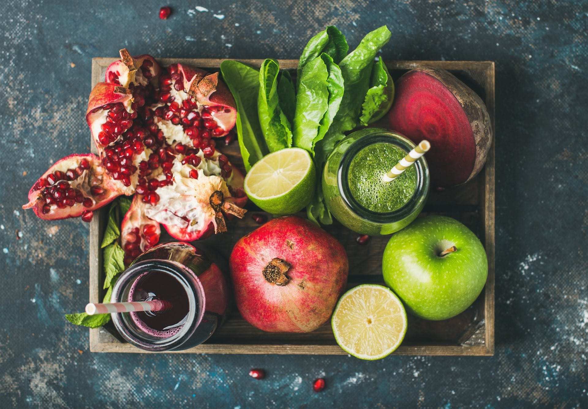 Refresh and Recharge at M Juice Bar Green and Purple Fresh Juices or Smoothies