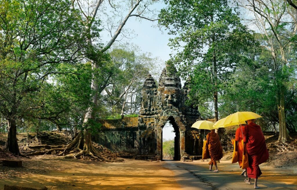 Monks walking into Angkor Thom